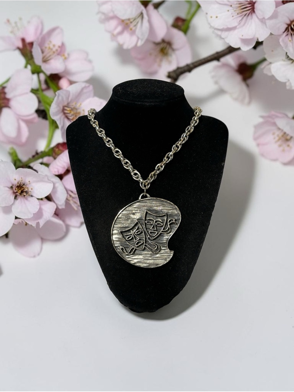 Tortolani Vintage Silver Theater Mask Pendant Necklace 24”